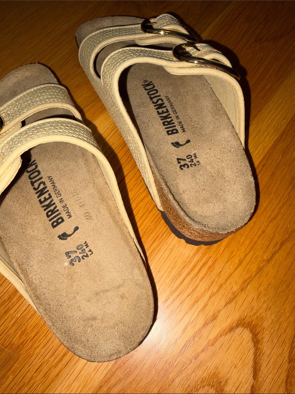Birkenstock Cream Woven Double-Buckle Sandals with Gold Buckles - Picture 3 of 6